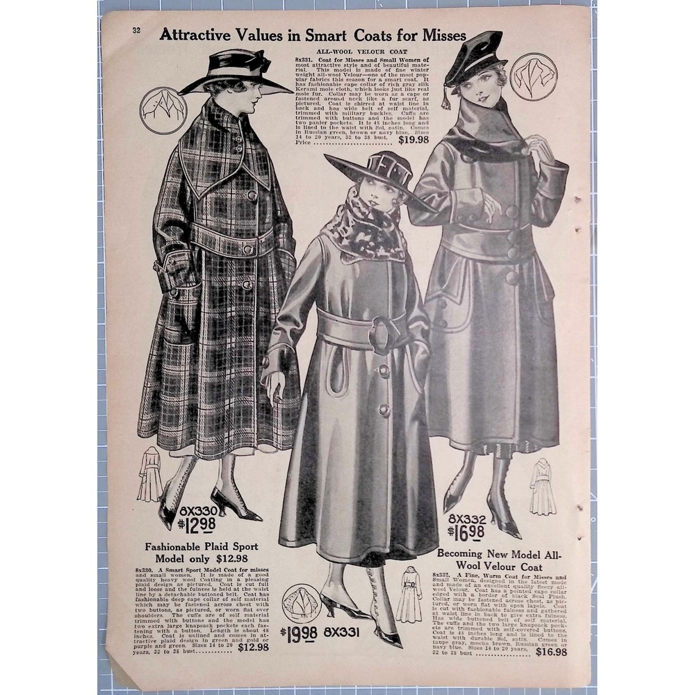 1917 Bellas Hess Misses Coats Womens Fashion Antique Catalog Page Ephemera